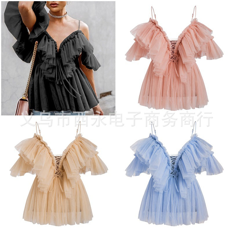 2021 Spring/Summer European And American Beauty Women's Tops Short AliExpress Hot Selling Sexy Mesh Small Sling Party
