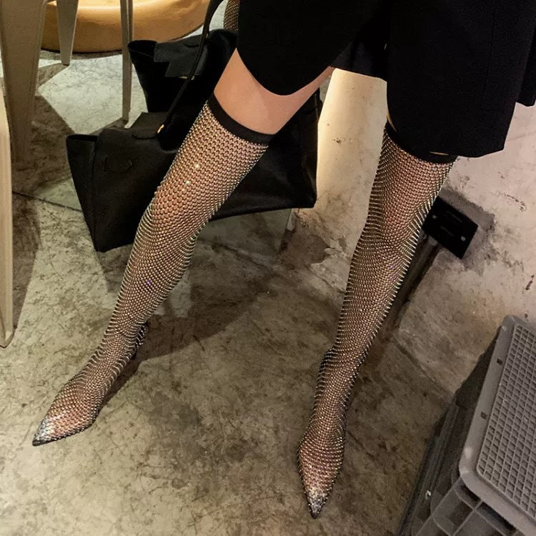 2022 Kardashian With The Same Cool Boots High Heel Stiletto Back Zipper Rubber Sole High Tube Over The Knee Rhinestone Mesh High Heels