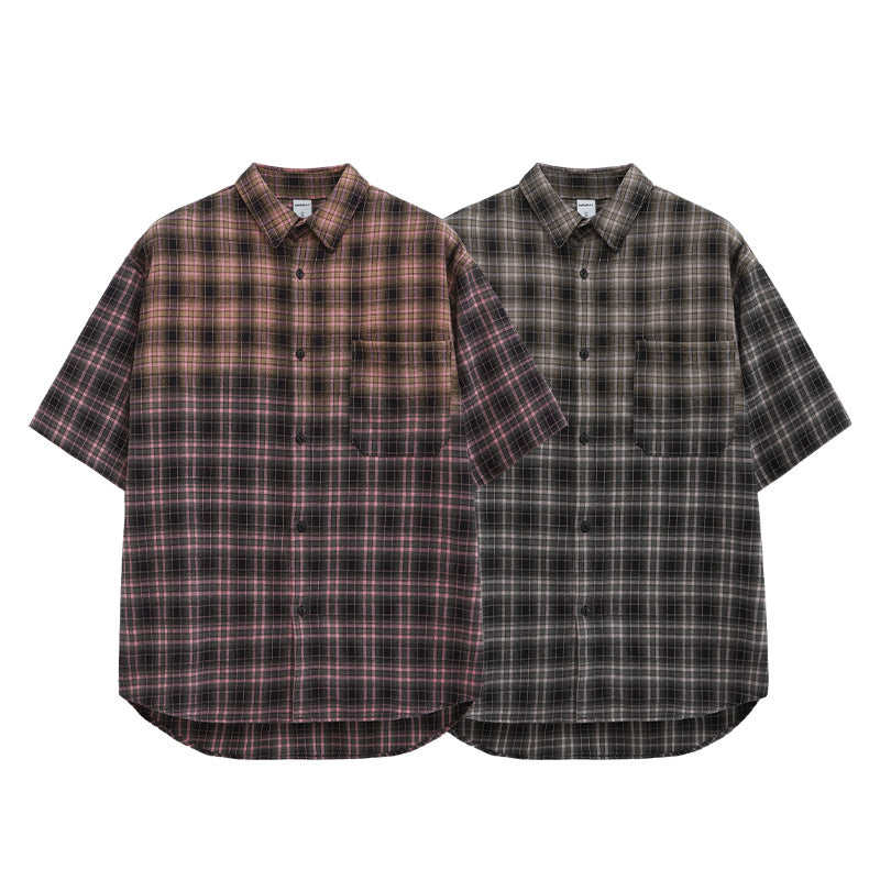 Street Fashion American Contrast Color Gradient Plaid Shirt Spring And Summer Fashion Brand Loose Couple Short Sleeve Plaid Shirt