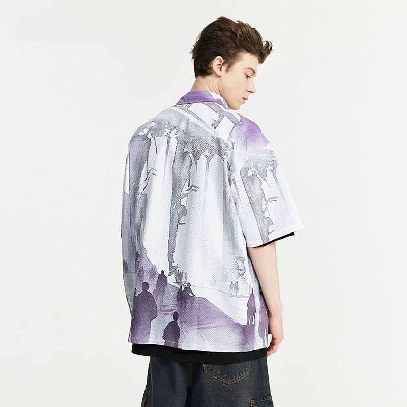 Watercolor Seersucker Art Shirt 2024 Spring And Summer New Street Fashion Brand Loose Men's Short Sleeve