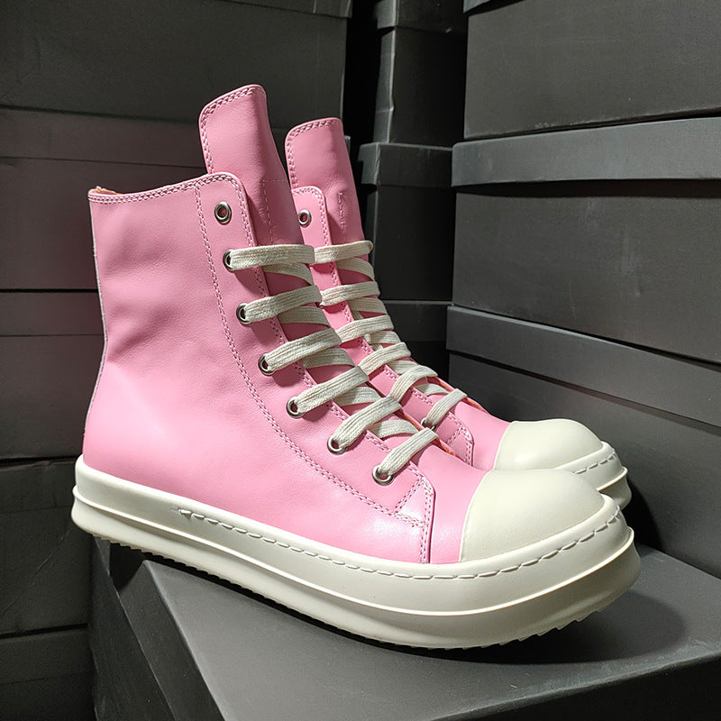 Ro New Summer High-top Ladies Shoes Pink Casual Sports Students Full Leather Heightened Thick Bottom Couple Shoes