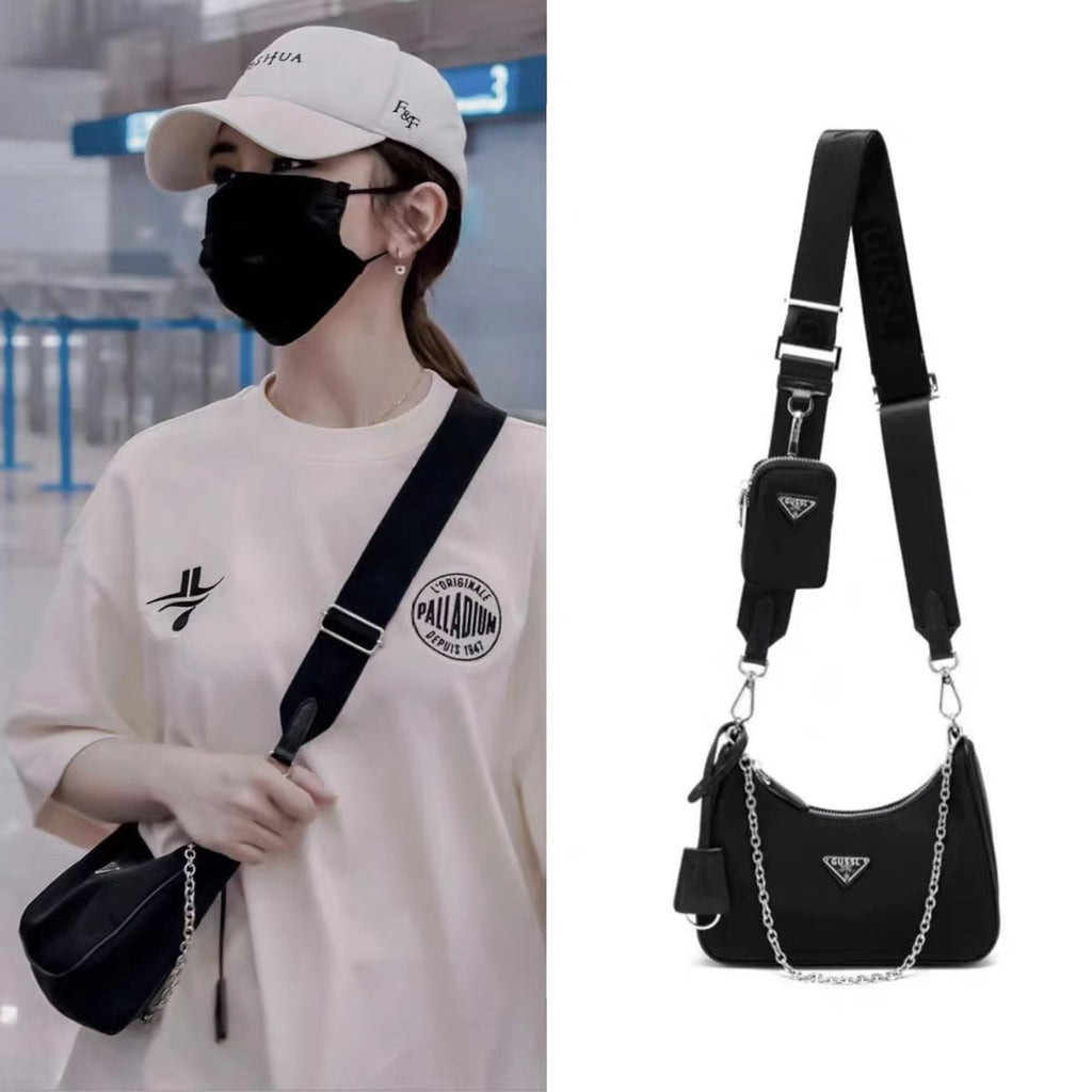 Cross-Border Exclusive P Family Celebrity Style Nylon Three-In-One Bag Hobo Underarm Bag Chain Shoulder Crossbody Handbag