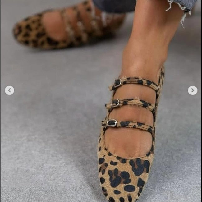 New Casual Low-heel Flat Bottom Three-breasted Horse Hair Leopard Print Foreign Trade Plus Size Women's Shoes