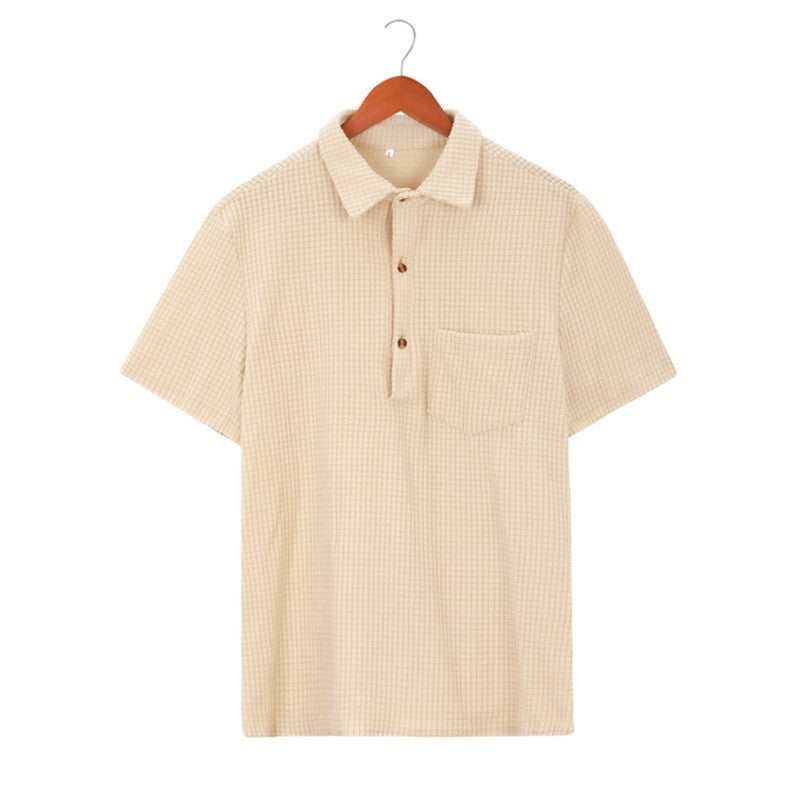 Cross-border Men's 2023 Foreign Trade Summer Hong Kong Style Waffle Simple Solid Color Single-breasted Lapel Men's Shirt Top