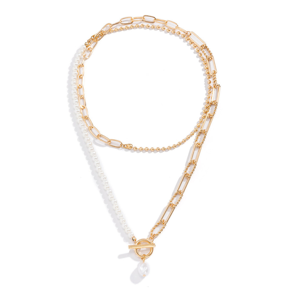 European And American Cross-border Jewelry Fashion Long Round Bead Chain Stacked Wearing Necklace Retro Style Personality Pearl Otbuckle Necklace
