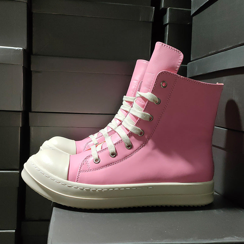 Ro New Summer High-top Ladies Shoes Pink Casual Sports Students Full Leather Heightened Thick Bottom Couple Shoes