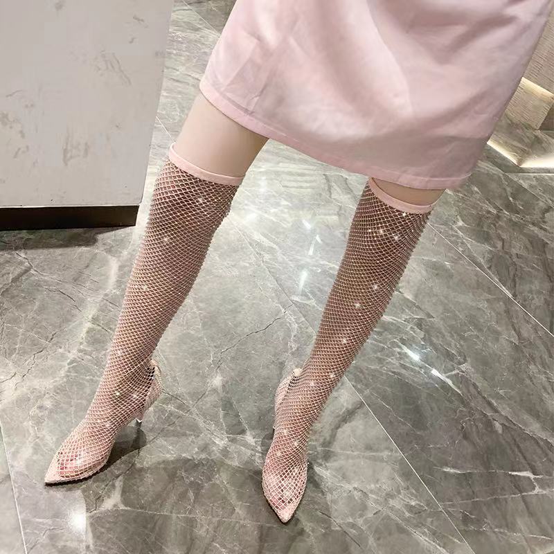 2022 Kardashian With The Same Cool Boots High Heel Stiletto Back Zipper Rubber Sole High Tube Over The Knee Rhinestone Mesh High Heels
