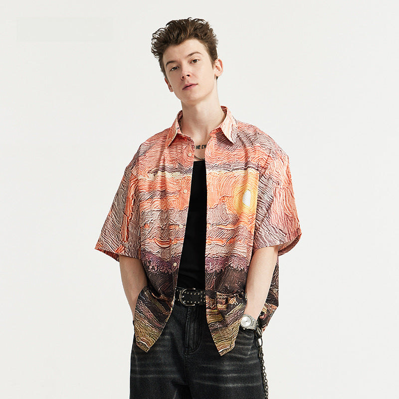 Sunset Seersucker Shirt 2024 Spring And Summer New Street Fashion Brand Loose Men's Short Sleeve Shirt
