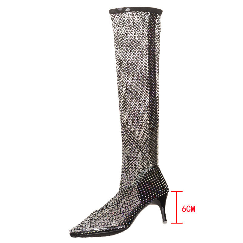 2022 Kardashian With The Same Cool Boots High Heel Stiletto Back Zipper Rubber Sole High Tube Over The Knee Rhinestone Mesh High Heels