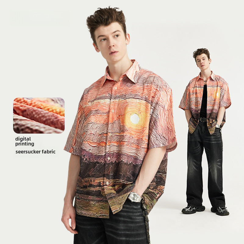 Sunset Seersucker Shirt 2024 Spring And Summer New Street Fashion Brand Loose Men's Short Sleeve Shirt