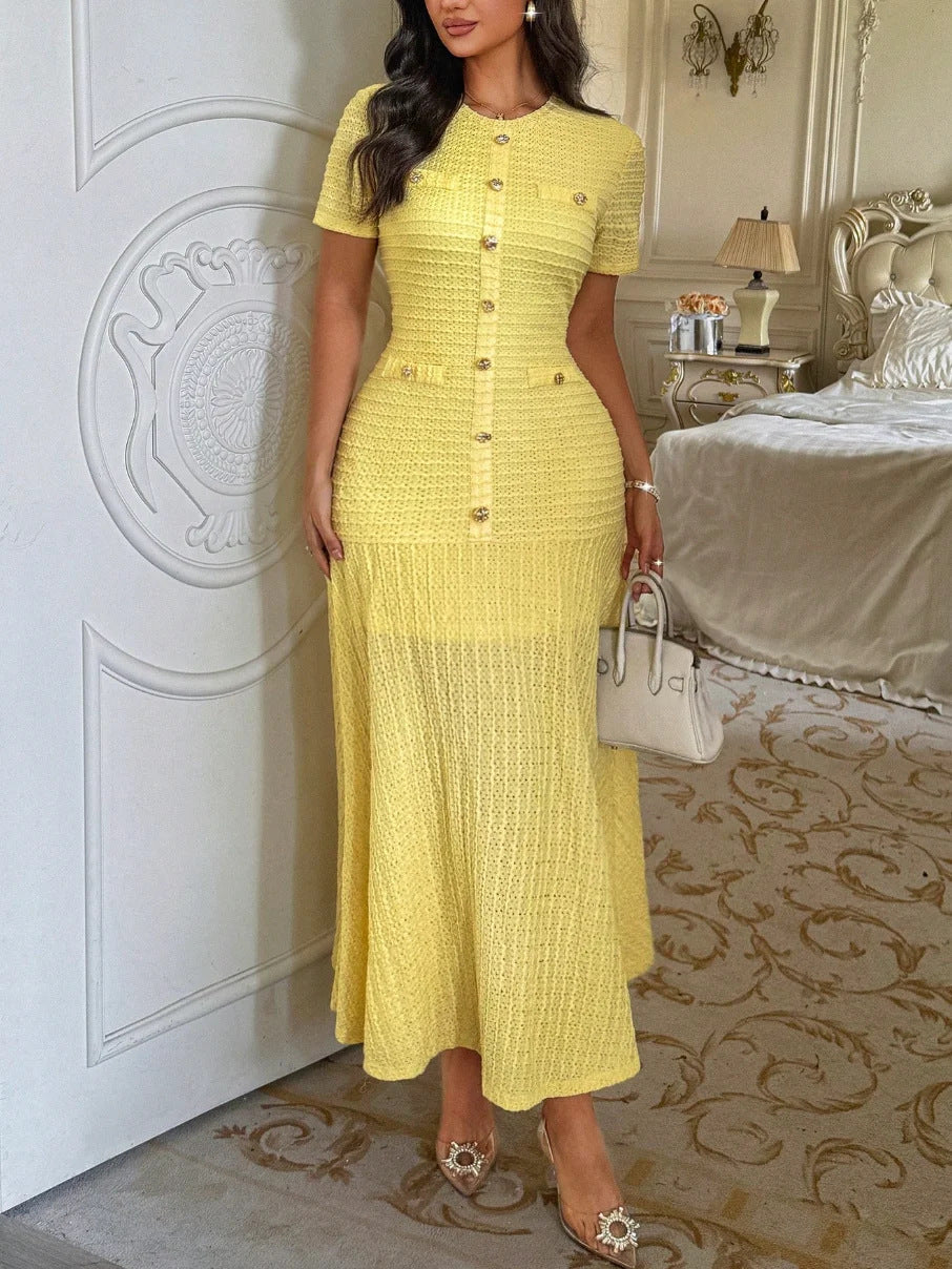 polyester Yellow Dress For Women, Waist-Cinching, Slimming, Elegant, Long, With A Large Hem, Tea Break Dress