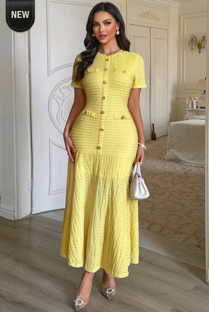 polyester Yellow Dress For Women, Waist-Cinching, Slimming, Elegant, Long, With A Large Hem, Tea Break Dress