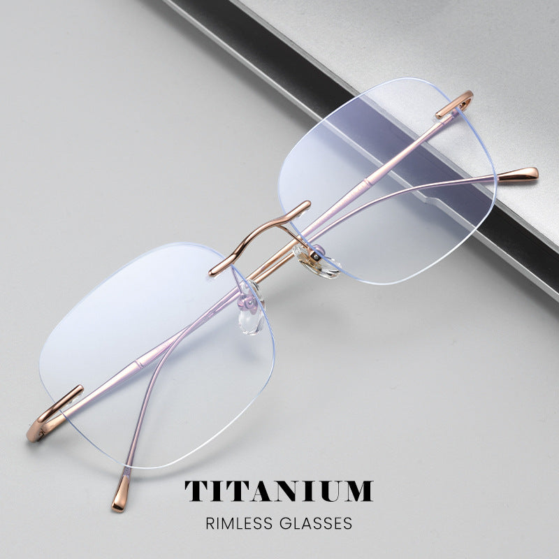 Zhai Si Lu And Xu Yan's Same Style Rimless Blue Light Blocking Myopia Glasses For Women With Bamboo Temple Arms, Ultra-Light Pure Titanium Eyeglass Frames