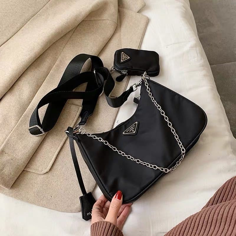 Cross-Border Exclusive P Family Celebrity Style Nylon Three-In-One Bag Hobo Underarm Bag Chain Shoulder Crossbody Handbag