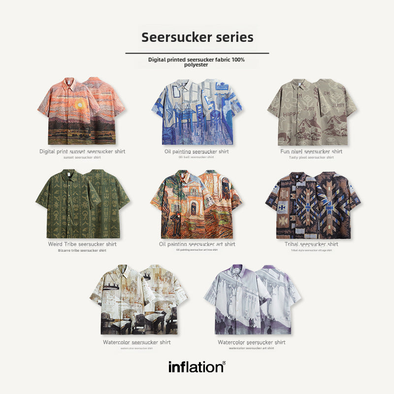 Sunset Seersucker Shirt 2024 Spring And Summer New Street Fashion Brand Loose Men's Short Sleeve Shirt
