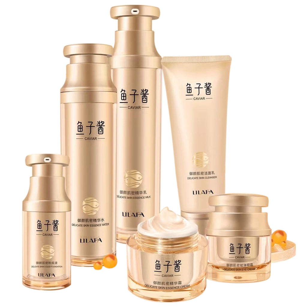 Lilanfei Caviar Skin Care Suit Facial Cleanser Facial Cleansing Essence Water Cream Eye Cream Foundation Liquid