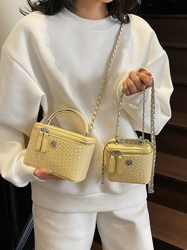 Cross-border Niche Design Box Small Square Bag Women's Woven Pattern High-end Retro European And American Chain Shoulder Crossbody Bag