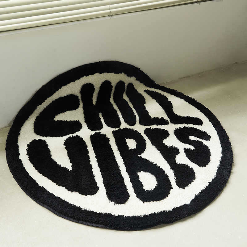 Cross-Border Black And White Letters Round Flocking Carpet Bedroom Bedside Blanket E-Sports Room Swivel Chair Mat Thickened Tufted Floor Mat