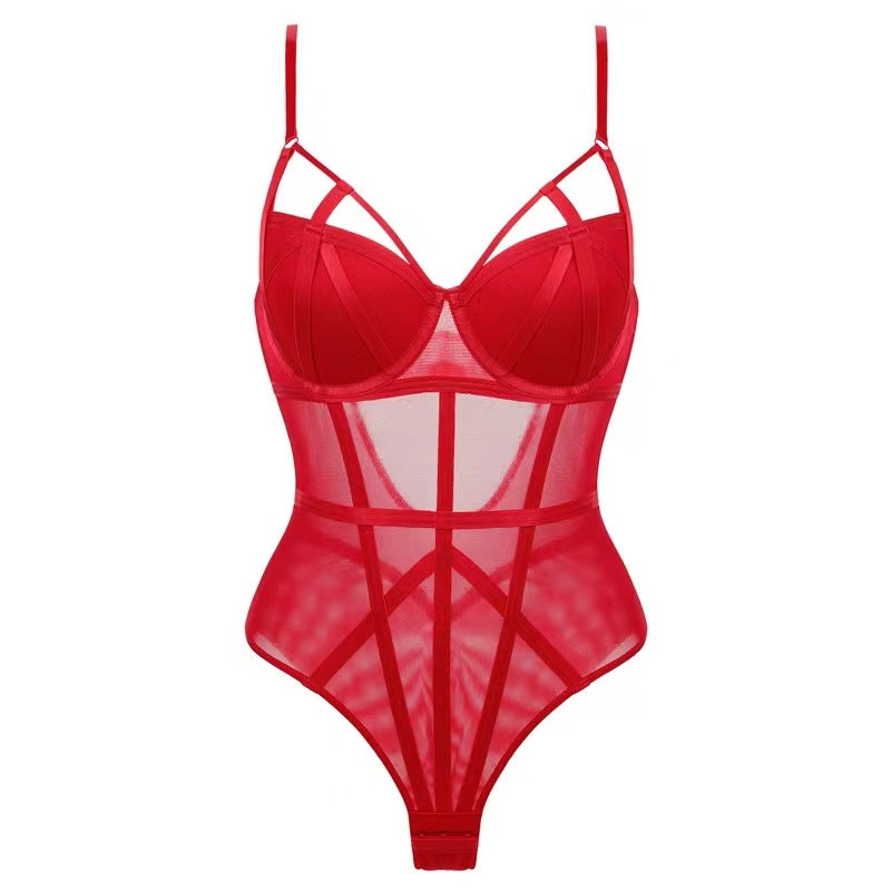 European And American Sexy Temptation Lace Underwear French Slim-Fit Jumpsuit Tight Small Chest Gathering Micro-Fit Jumpsuit