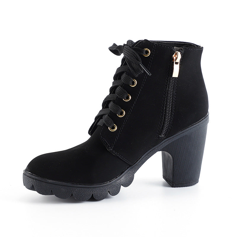2022 Spring New Thick Heel Short Boots Martin Boots Women's Lace-Up Round Toe Women's Boots Frosted Material Thick High Heel Short Boots