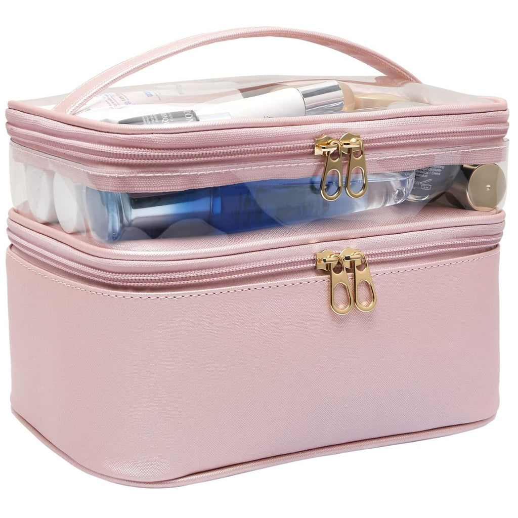 Leather Double Layer Large Organizer Bag Commuter Travel Removable Commuter Cosmetic Storage Bag