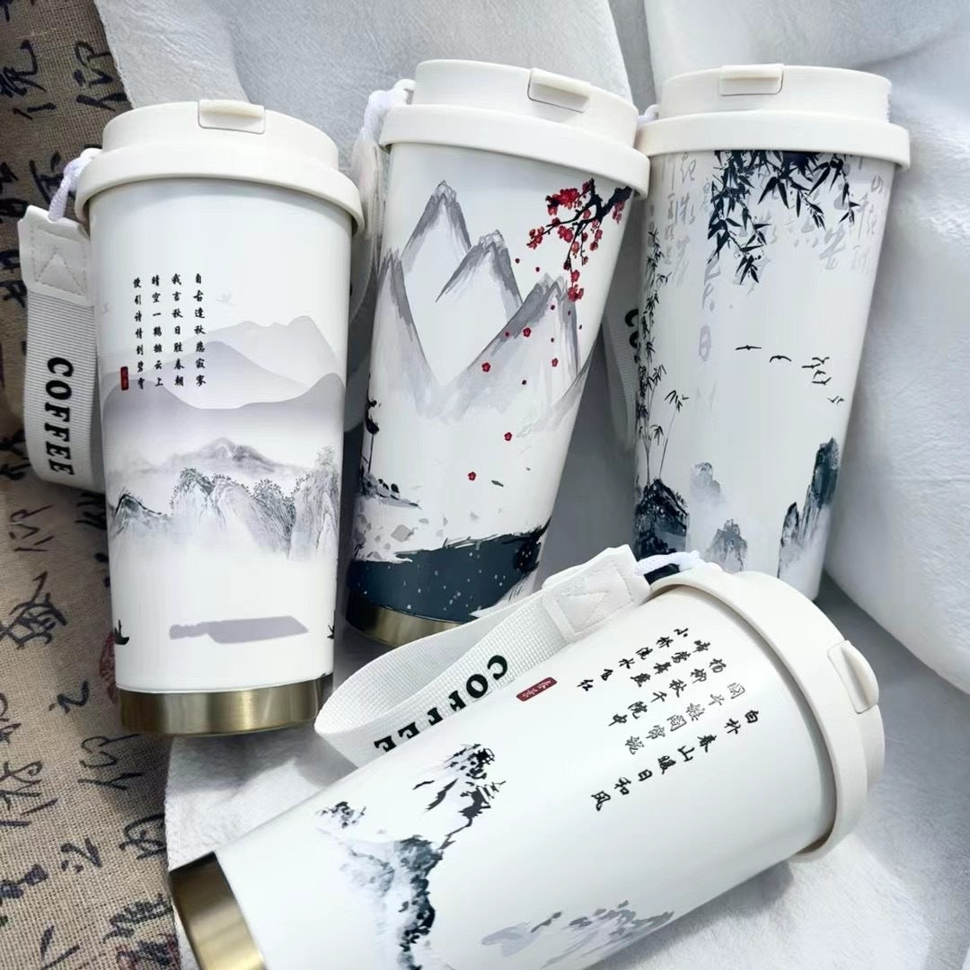 Guofeng Thermos Cup Women's Water Cup High Color Value 316 Stainless Steel Coffee Cup Accompanying Portable Student Cup With Straw