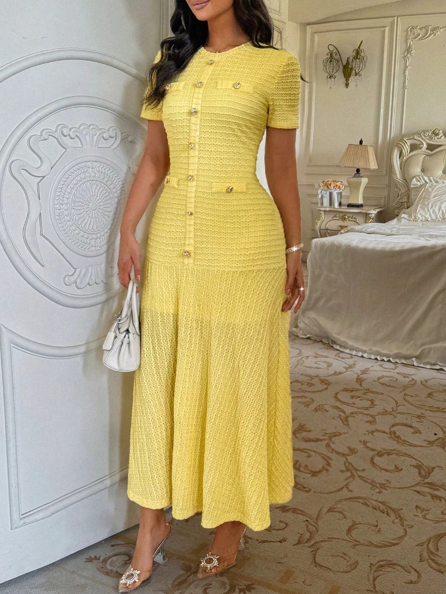 polyester Yellow Dress For Women, Waist-Cinching, Slimming, Elegant, Long, With A Large Hem, Tea Break Dress