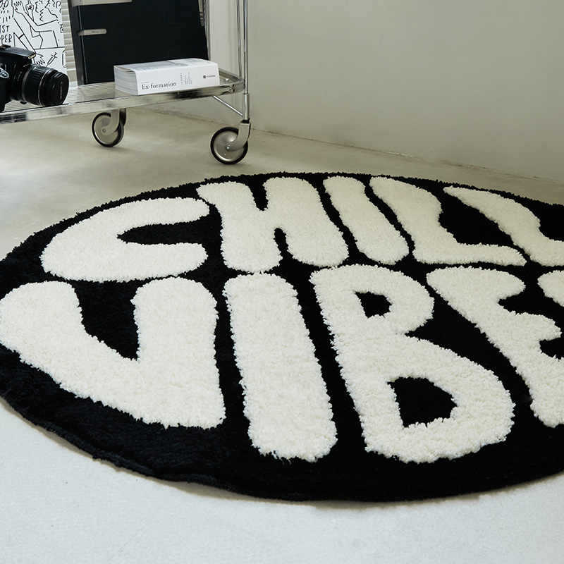 Cross-Border Black And White Letters Round Flocking Carpet Bedroom Bedside Blanket E-Sports Room Swivel Chair Mat Thickened Tufted Floor Mat