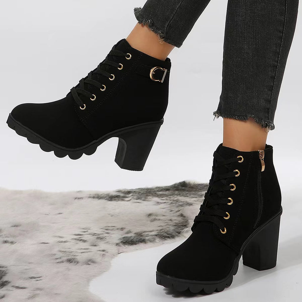 2022 Spring New Thick Heel Short Boots Martin Boots Women's Lace-Up Round Toe Women's Boots Frosted Material Thick High Heel Short Boots