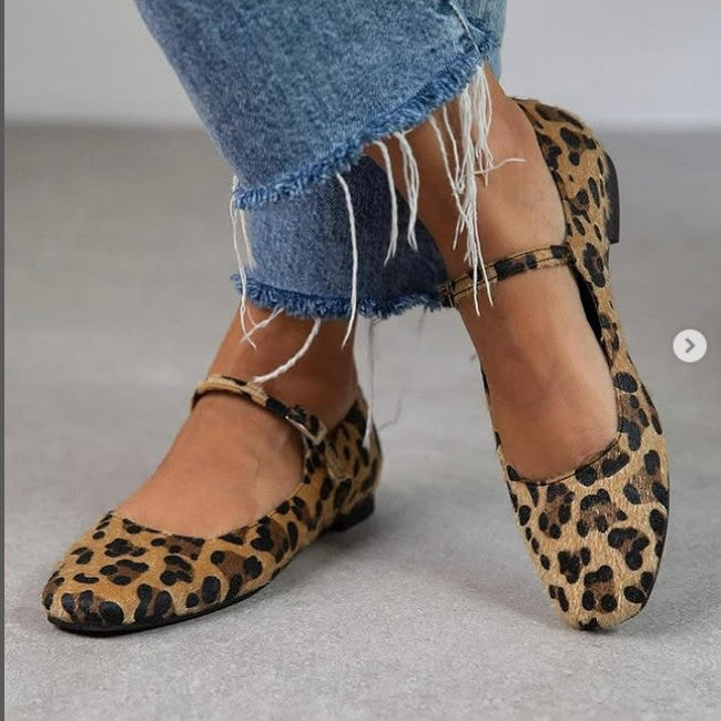 New Casual Low-heel Flat Bottom Three-breasted Horse Hair Leopard Print Foreign Trade Plus Size Women's Shoes