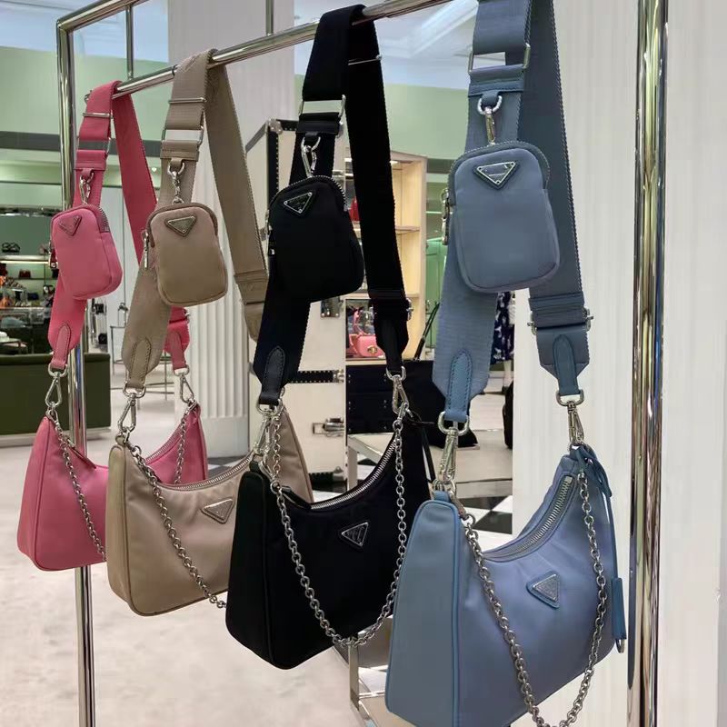 Cross-Border Exclusive P Family Celebrity Style Nylon Three-In-One Bag Hobo Underarm Bag Chain Shoulder Crossbody Handbag