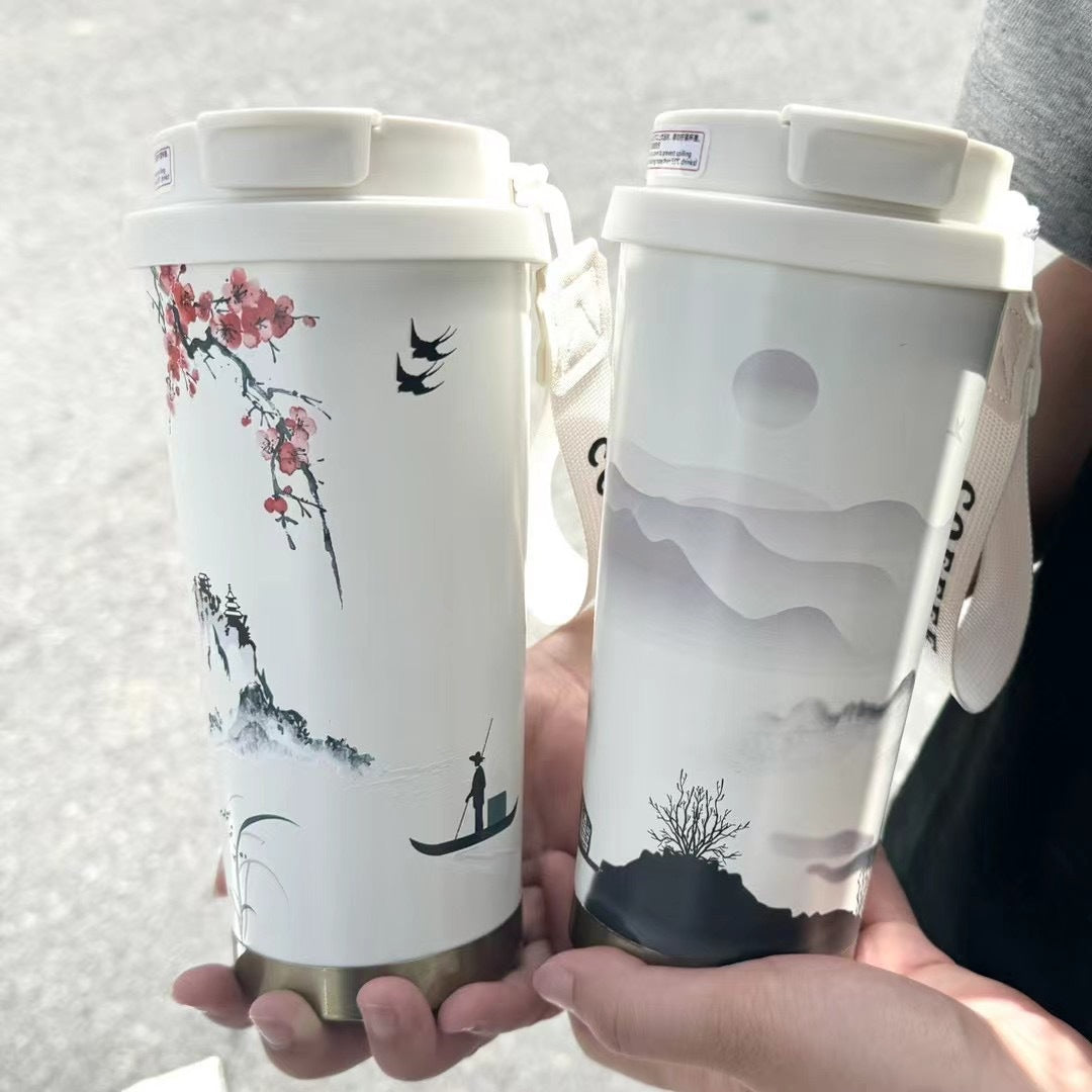 Guofeng Thermos Cup Women's Water Cup High Color Value 316 Stainless Steel Coffee Cup Accompanying Portable Student Cup With Straw