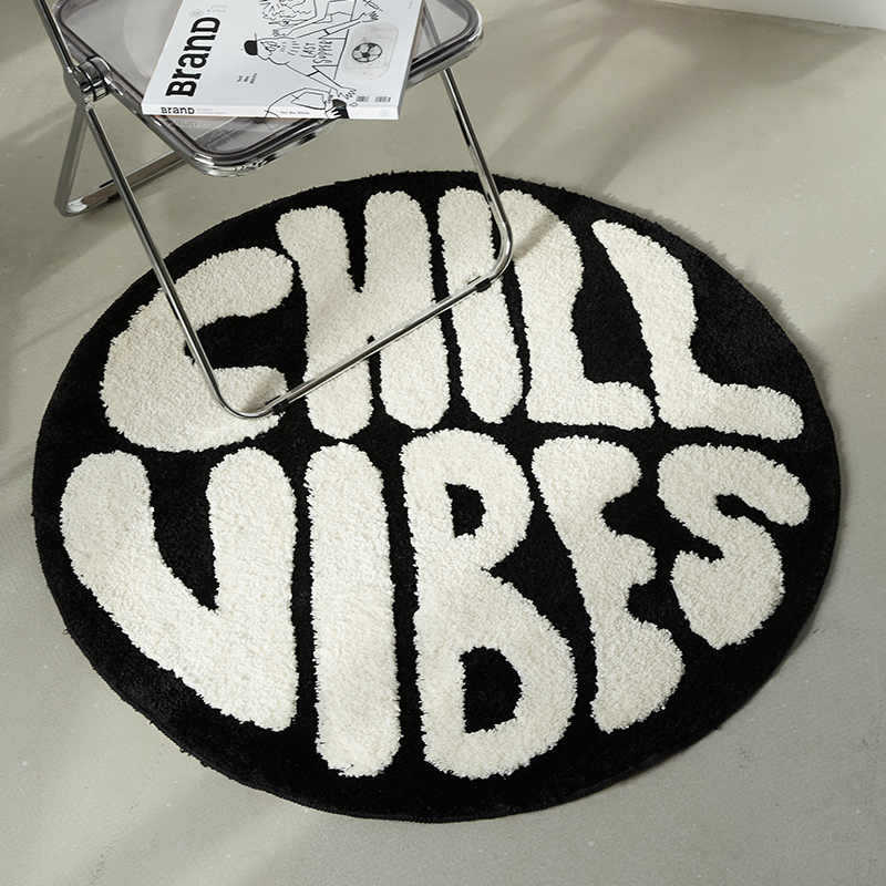 Cross-Border Black And White Letters Round Flocking Carpet Bedroom Bedside Blanket E-Sports Room Swivel Chair Mat Thickened Tufted Floor Mat