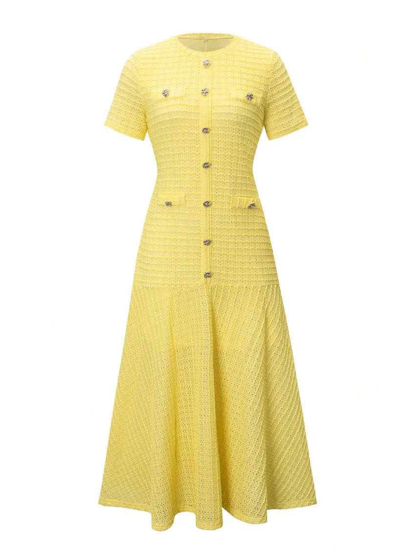 polyester Yellow Dress For Women, Waist-Cinching, Slimming, Elegant, Long, With A Large Hem, Tea Break Dress