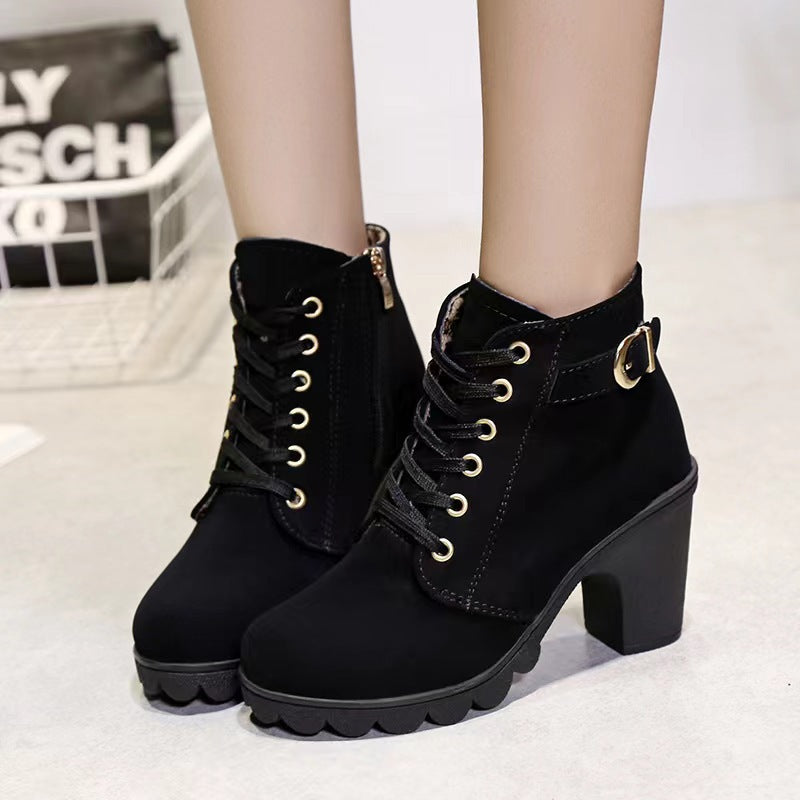 2022 Spring New Thick Heel Short Boots Martin Boots Women's Lace-Up Round Toe Women's Boots Frosted Material Thick High Heel Short Boots