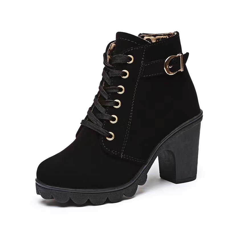 2022 Spring New Thick Heel Short Boots Martin Boots Women's Lace-Up Round Toe Women's Boots Frosted Material Thick High Heel Short Boots