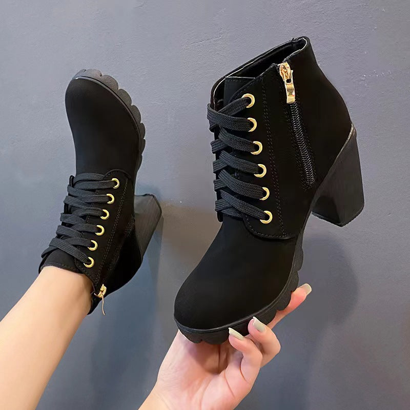 2022 Spring New Thick Heel Short Boots Martin Boots Women's Lace-Up Round Toe Women's Boots Frosted Material Thick High Heel Short Boots