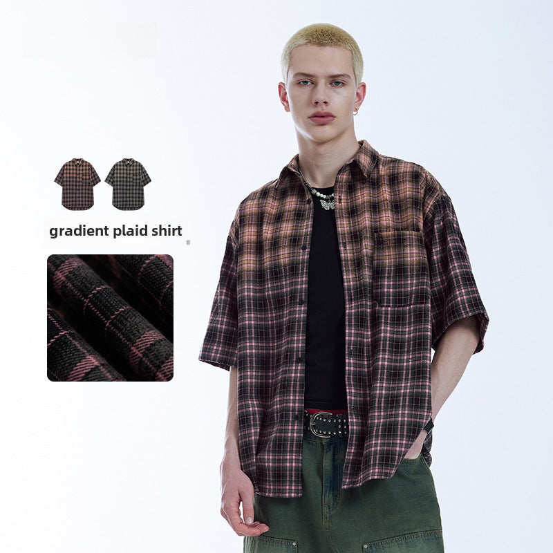 Street Fashion American Contrast Color Gradient Plaid Shirt Spring And Summer Fashion Brand Loose Couple Short Sleeve Plaid Shirt