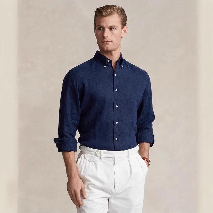 RL Ralph Linen Shirt Pony Embroidered Men's And Women's Couples Top Long Sleeve Sunscreen Polo Shirt Spring And Autumn