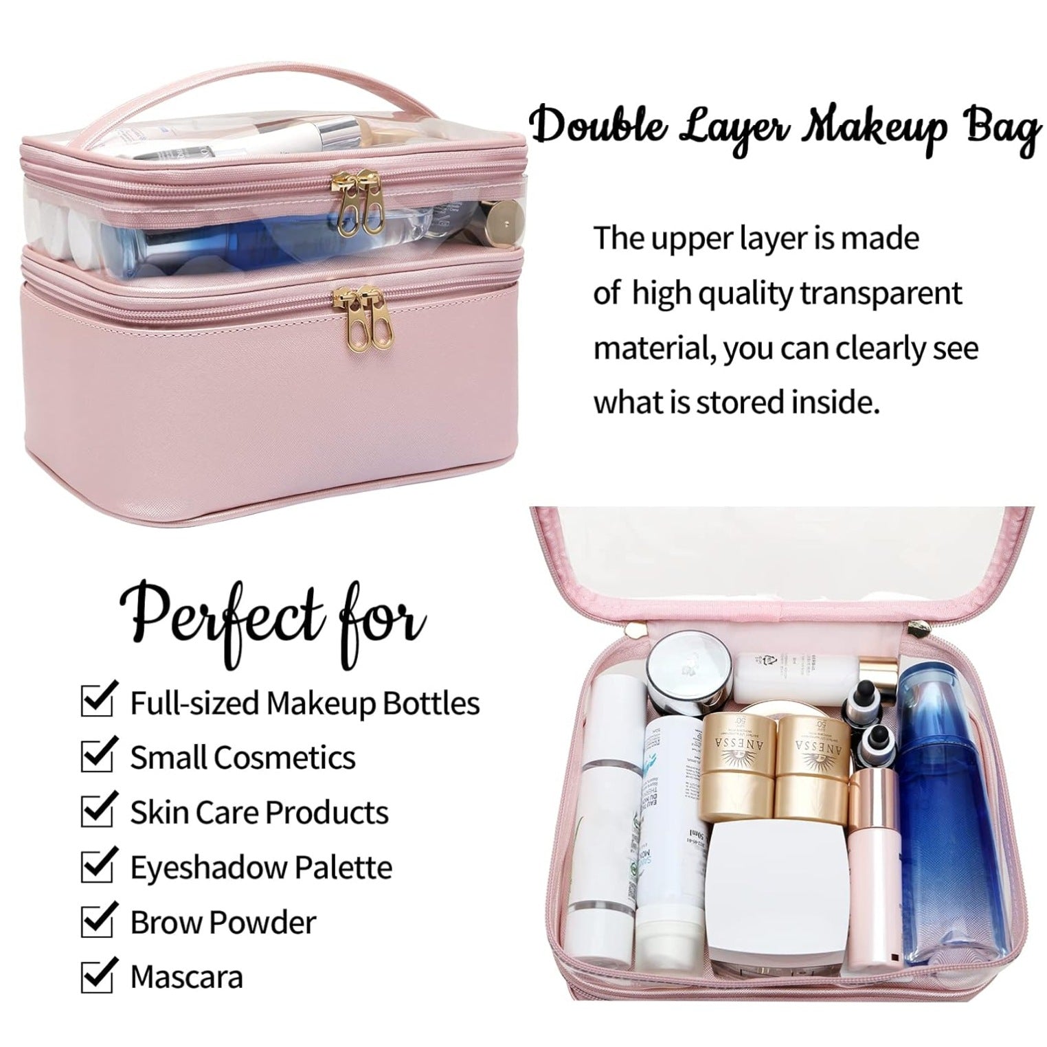 Leather Double Layer Large Organizer Bag Commuter Travel Removable Commuter Cosmetic Storage Bag