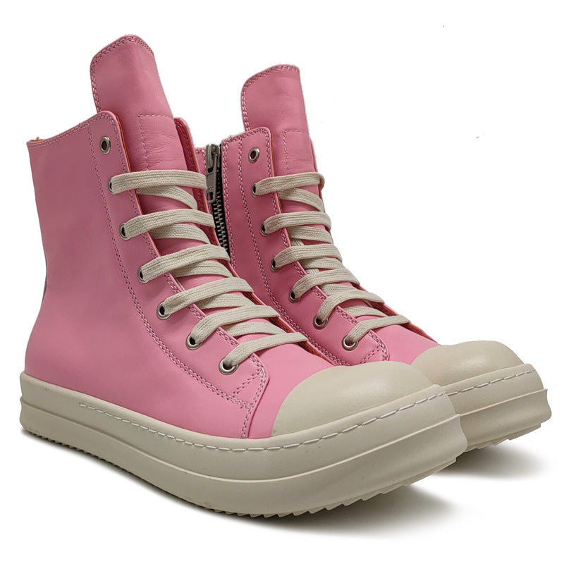 Ro New Summer High-top Ladies Shoes Pink Casual Sports Students Full Leather Heightened Thick Bottom Couple Shoes