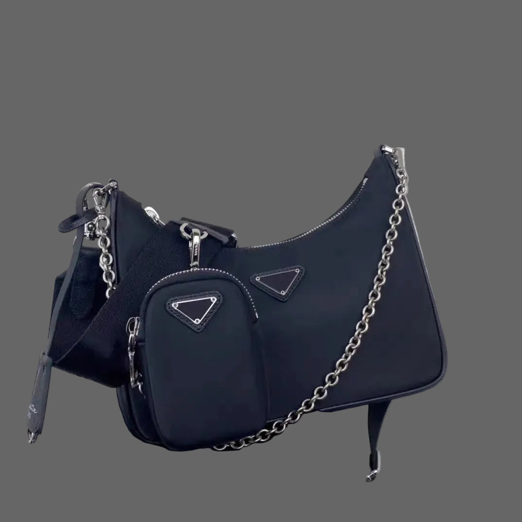 Cross-Border Exclusive P Family Celebrity Style Nylon Three-In-One Bag Hobo Underarm Bag Chain Shoulder Crossbody Handbag