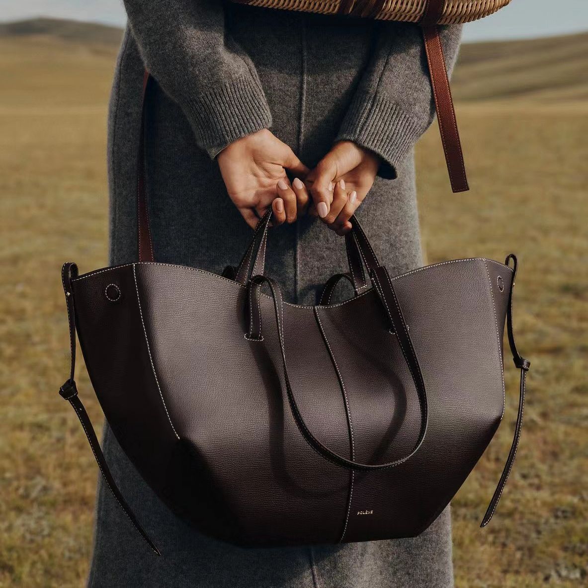 In Stock Polene Polingen Wings Bag Cyme Shoulder Portable Underarm Tote Bag Cowhide Bucket Bag Large Capacity