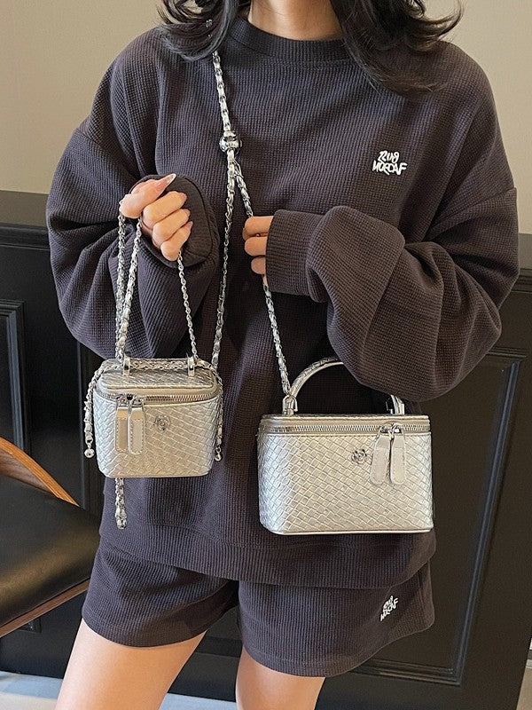 Cross-border Niche Design Box Small Square Bag Women's Woven Pattern High-end Retro European And American Chain Shoulder Crossbody Bag