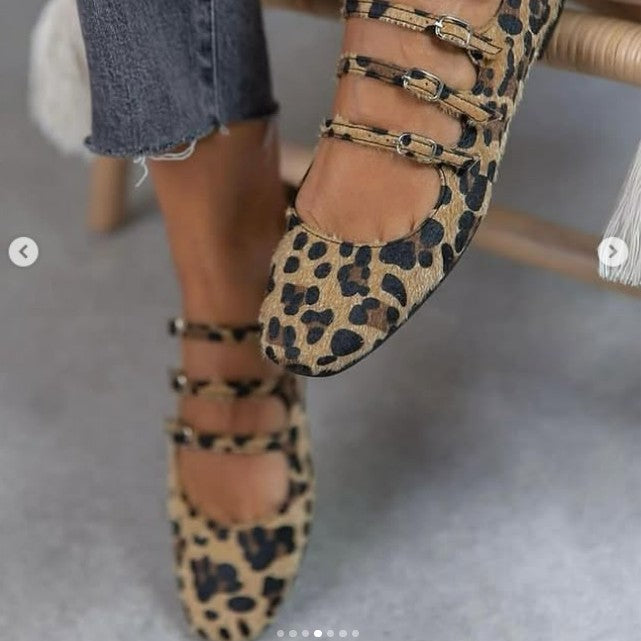New Casual Low-heel Flat Bottom Three-breasted Horse Hair Leopard Print Foreign Trade Plus Size Women's Shoes