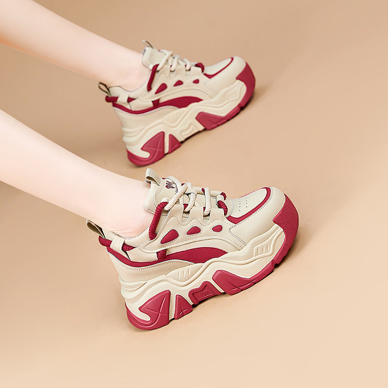 Thick-Soled Height-Increasing Daddy Shoes For Women 2025 Autumn And Winter New Genuine Leather Casual Sports Shoes For Women Versatile Trbottomy Platform Shoes For Women