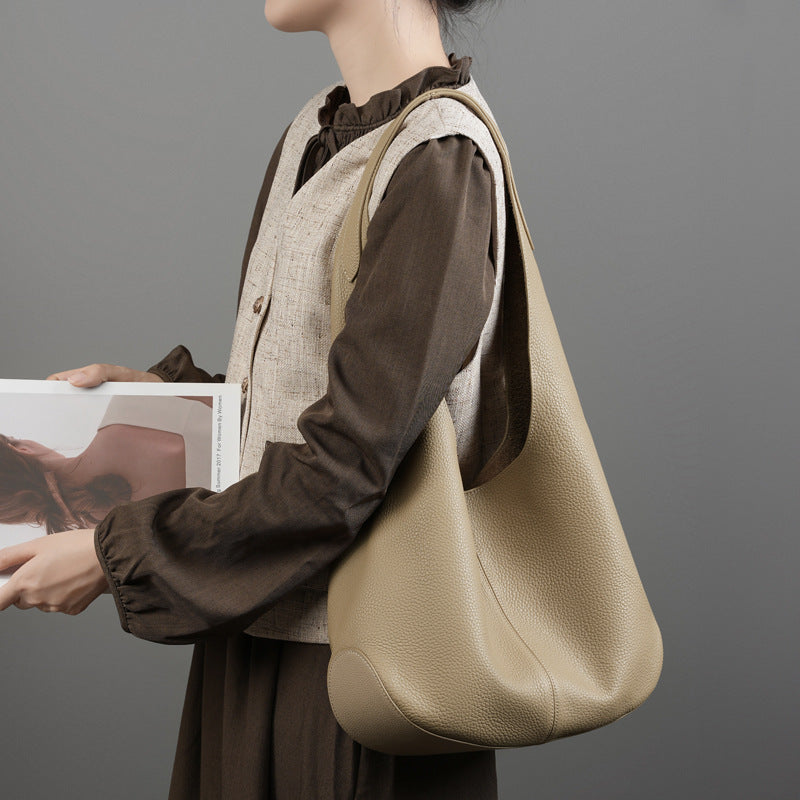 New South Korea Internet Popular Women's Bag Bucket Bag Large Capacity Top Leather Tote Bag High-grade Underarm Shoulder Leather Bag