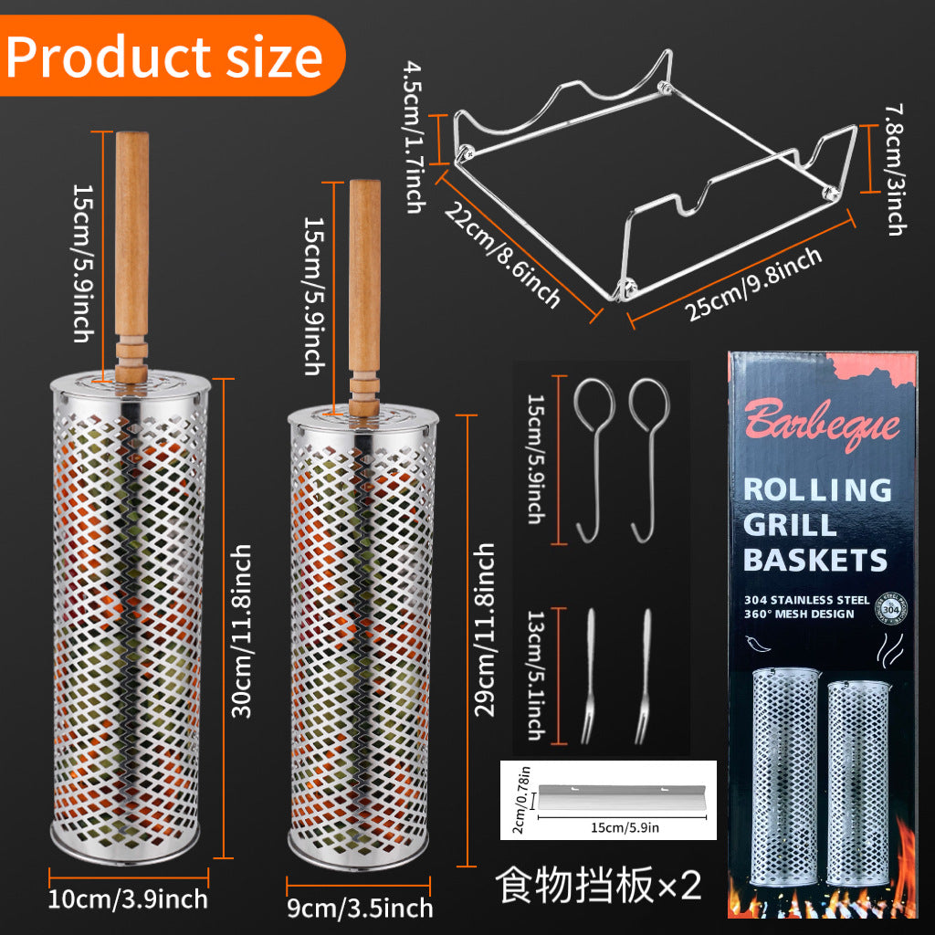 Rolling Barbecue Cage Outdoor BBQ Barbecue Basket 304 Stainless Steel Barbecue Cylinder Barbecue Mesh Cage