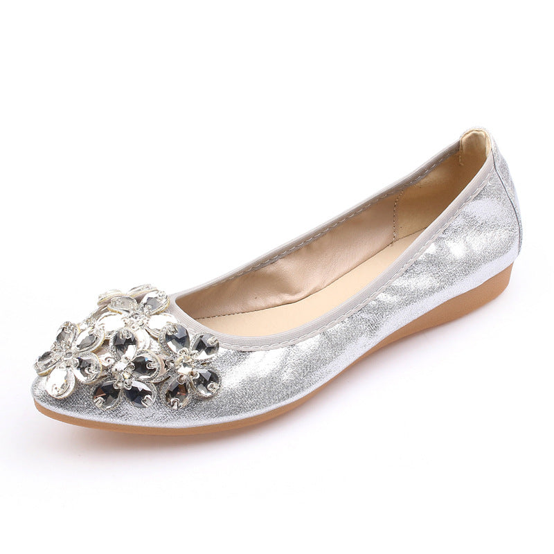 Pointed Shoes Women's 2025 New Autumn Shallow Mouth Rhinestone Flat Ladle Shoes Soft Plus Size Net Red Women's Shoes 41-43