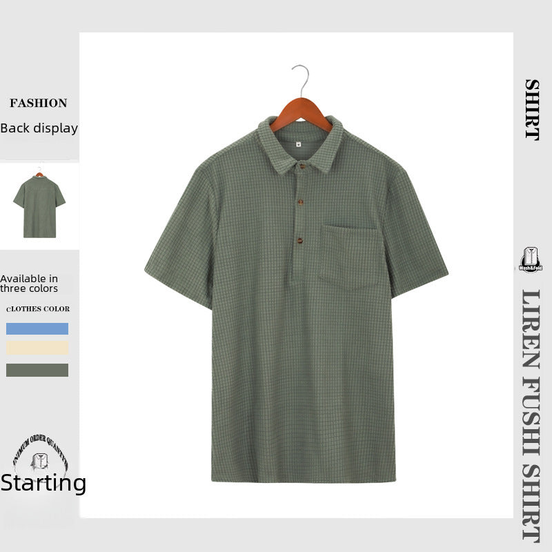 Cross-border Men's 2023 Foreign Trade Summer Hong Kong Style Waffle Simple Solid Color Single-breasted Lapel Men's Shirt Top